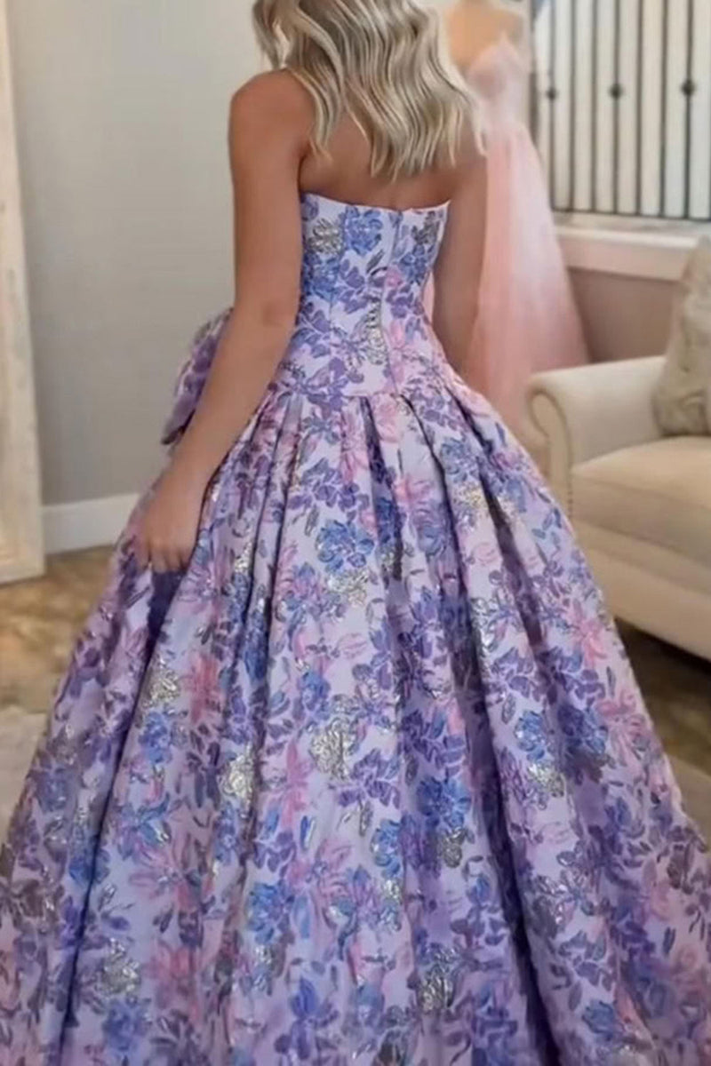 Load image into Gallery viewer, Purple Floral Strapless A Line Long Prom Dress with Bow