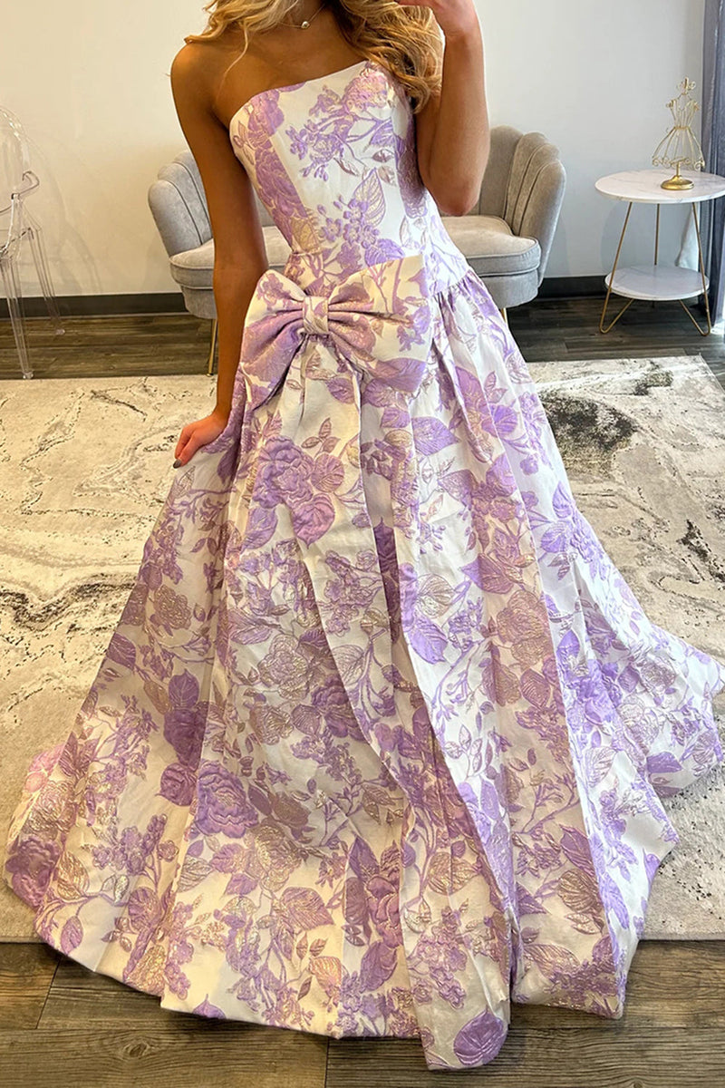 Load image into Gallery viewer, Purple Floral Strapless A Line Long Prom Dress with Bow