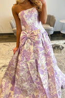 Load image into Gallery viewer, Purple Floral Strapless A Line Long Prom Dress with Bow