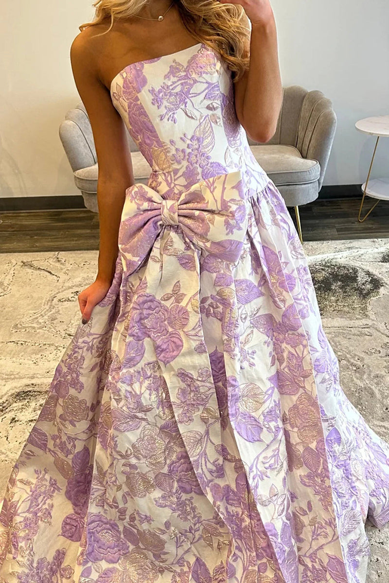 Load image into Gallery viewer, Purple Floral Strapless A Line Long Prom Dress with Bow