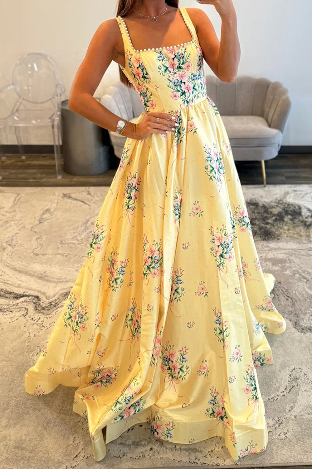 Yellow Floral A Line Square Neck Long Prom Dress
