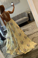 Load image into Gallery viewer, Yellow Floral A Line Square Neck Long Prom Dress