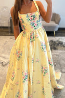 Load image into Gallery viewer, Yellow Floral A Line Square Neck Long Prom Dress