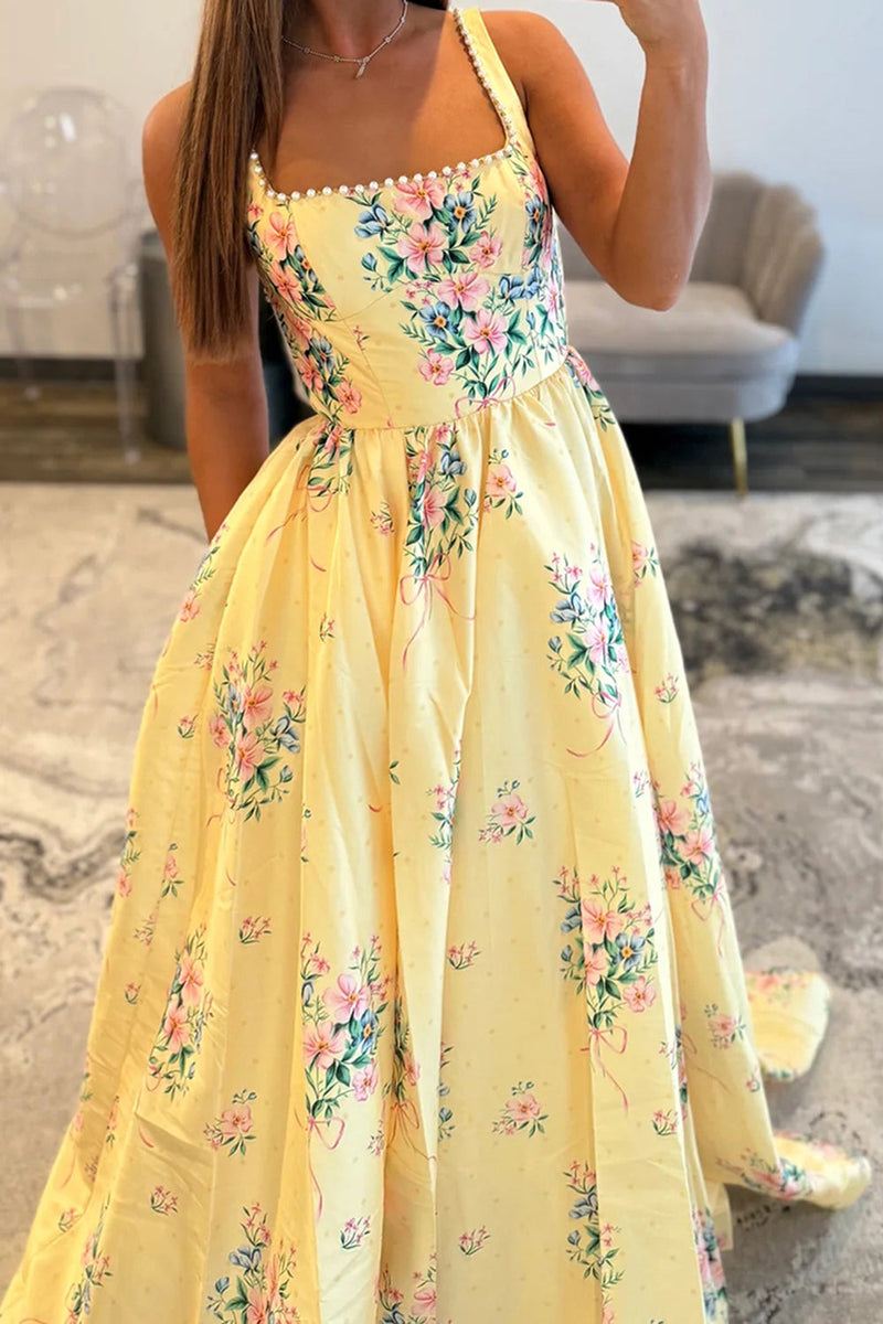 Load image into Gallery viewer, Yellow Floral A Line Square Neck Long Prom Dress