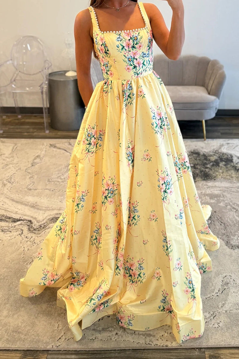 Load image into Gallery viewer, Yellow Floral A Line Square Neck Long Prom Dress