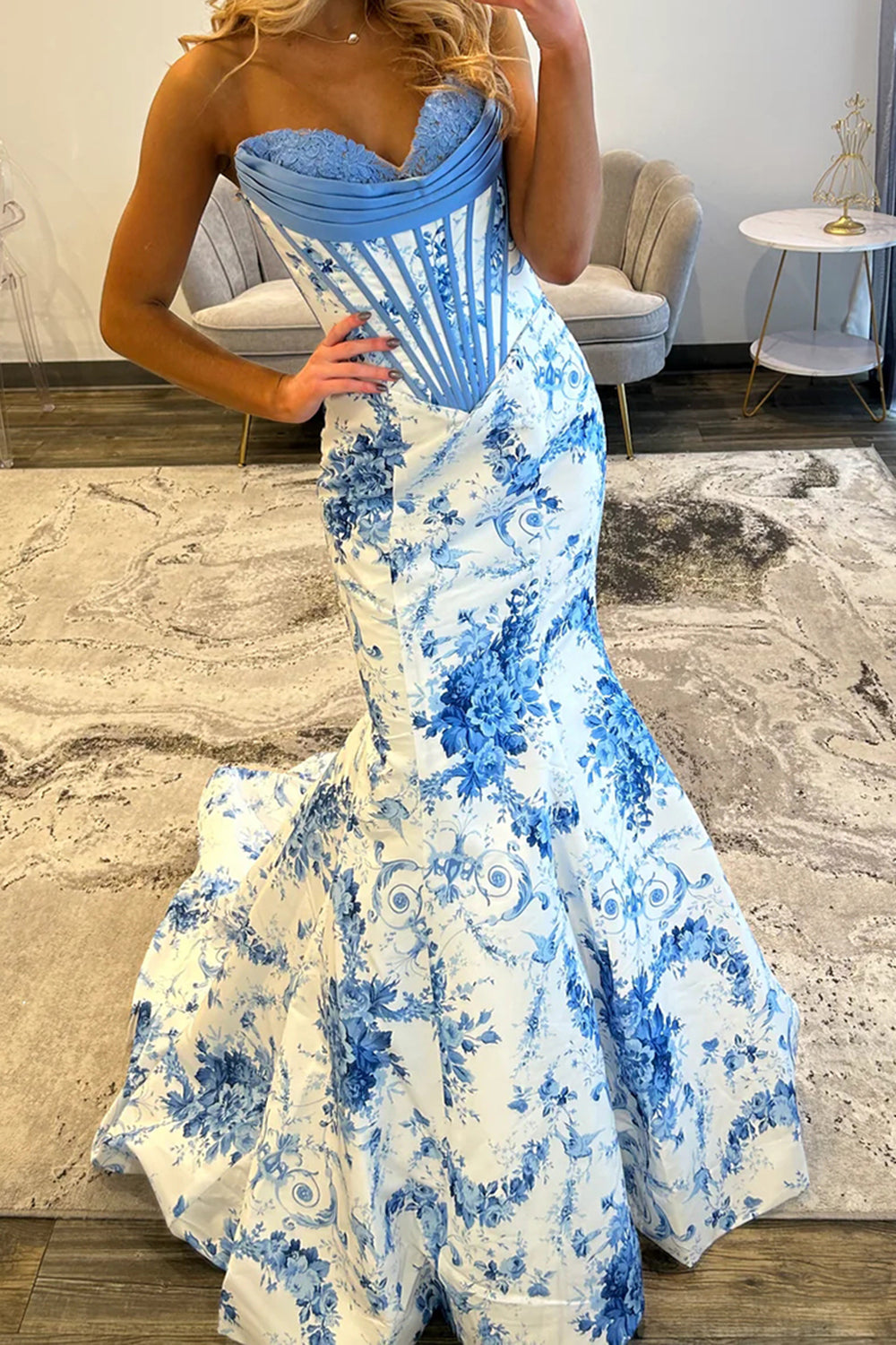 Hellymoon Women White Blue Flower Prom Dress Corset Mermaid Long Party