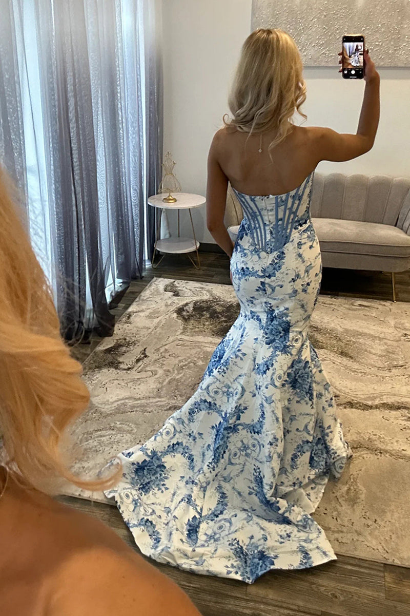 Load image into Gallery viewer, White Blue Flower Corset Mermaid Long Prom Dress