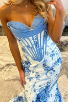 Load image into Gallery viewer, White Blue Flower Corset Mermaid Long Prom Dress
