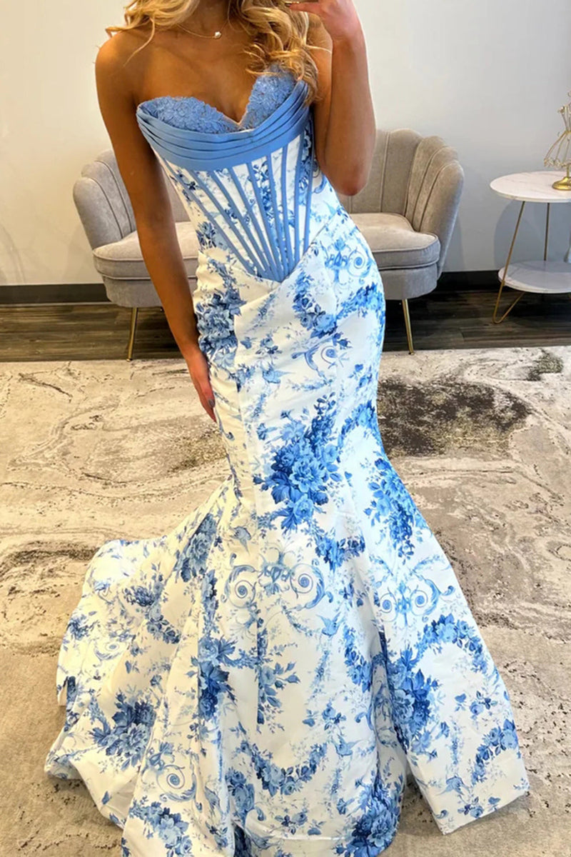 Load image into Gallery viewer, White Blue Flower Corset Mermaid Long Prom Dress