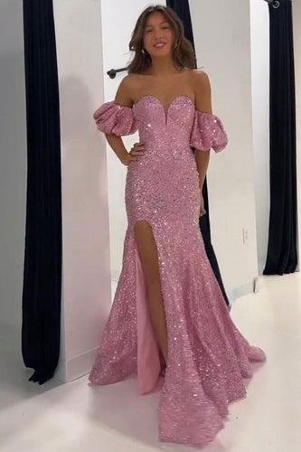 Sparkly Grey Pink Mermaid Off the Shoulder Long Prom Dress with Slit