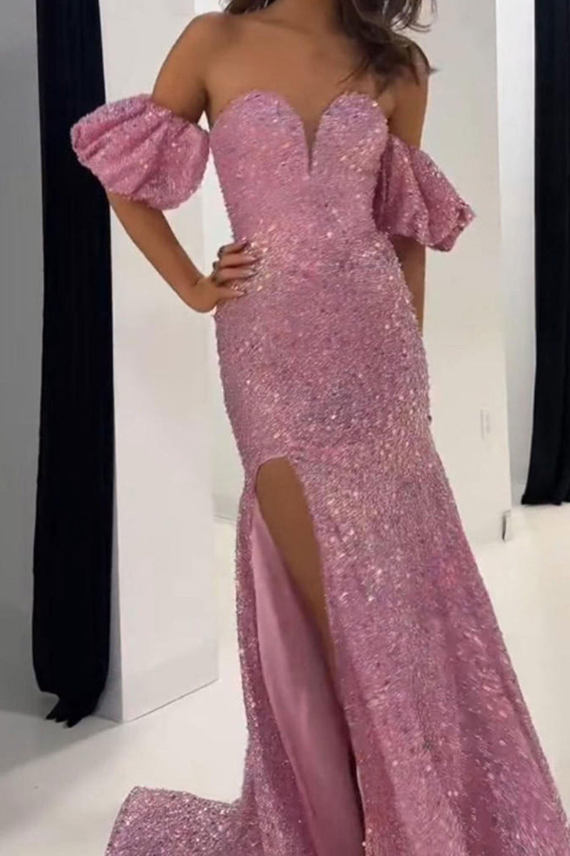 Load image into Gallery viewer, Sparkly Grey Pink Mermaid Off the Shoulder Long Prom Dress with Slit