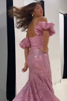 Sparkly Grey Pink Mermaid Off the Shoulder Long Prom Dress with Slit