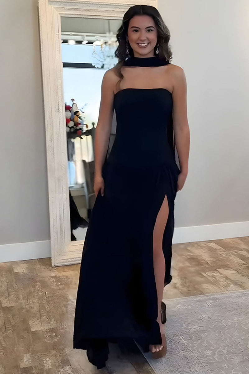 Load image into Gallery viewer, Black Sheath Strapless Pleated Long Prom Dress with Slit