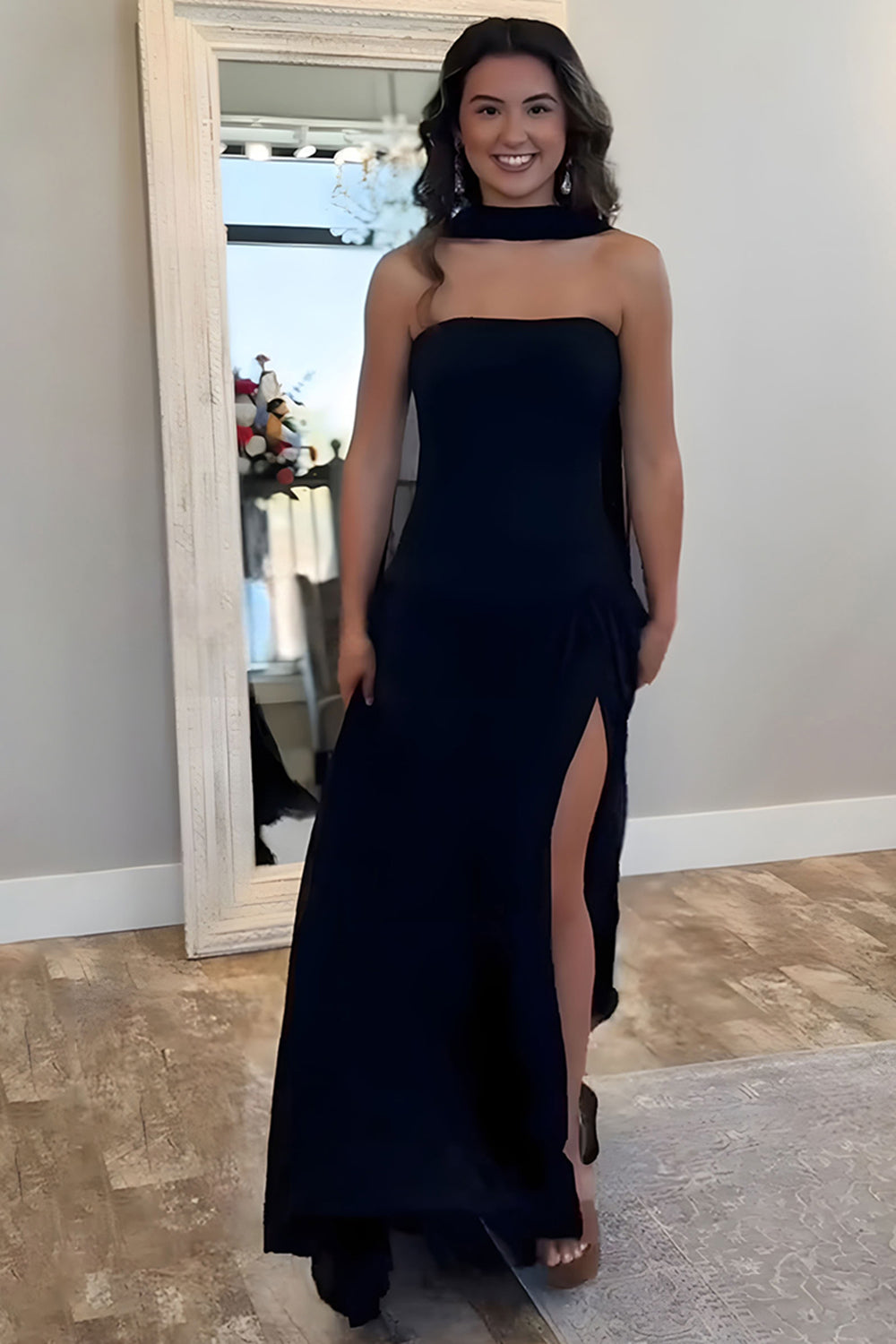 Black Sheath Strapless Pleated Long Prom Dress with Slit