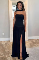 Load image into Gallery viewer, Black Sheath Strapless Pleated Long Prom Dress with Slit