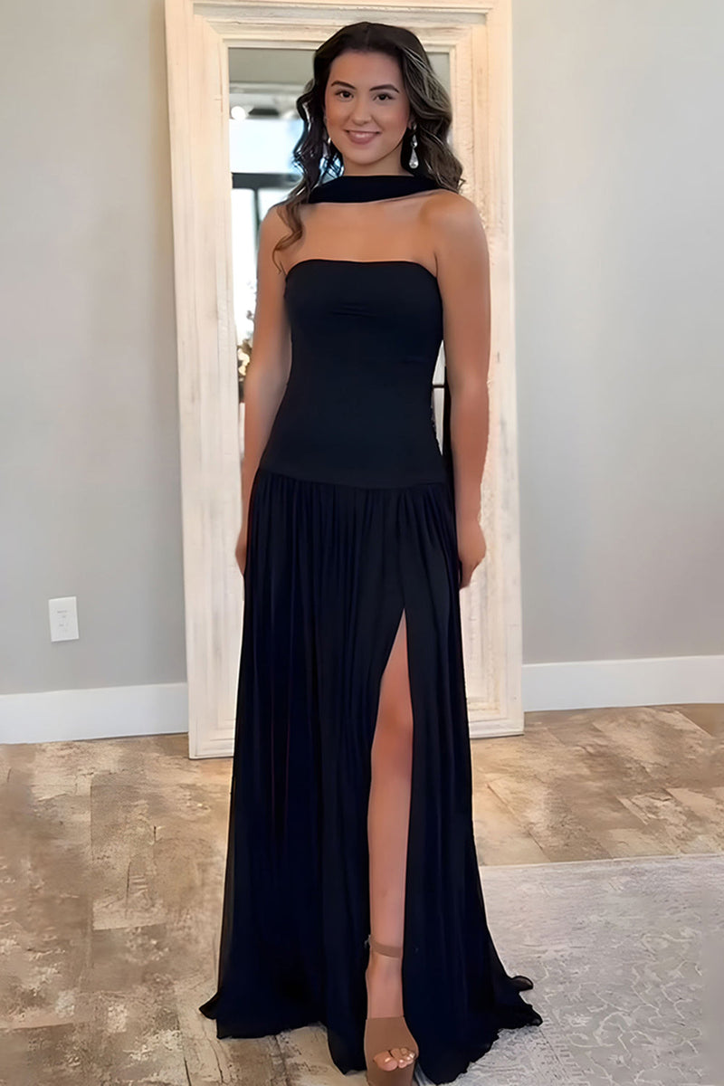 Load image into Gallery viewer, Black Sheath Strapless Pleated Long Prom Dress with Slit