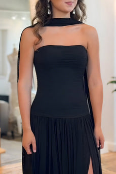 Black Sheath Strapless Pleated Long Prom Dress with Slit