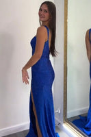 Load image into Gallery viewer, Sparkly Royal Blue Mermaid Long Prom Dress with Slit