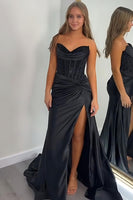 Load image into Gallery viewer, Sparkly Dark Green Mermaid Corset Satin Prom Dress with Slit