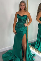 Load image into Gallery viewer, Sparkly Dark Green Mermaid Corset Satin Prom Dress with Slit