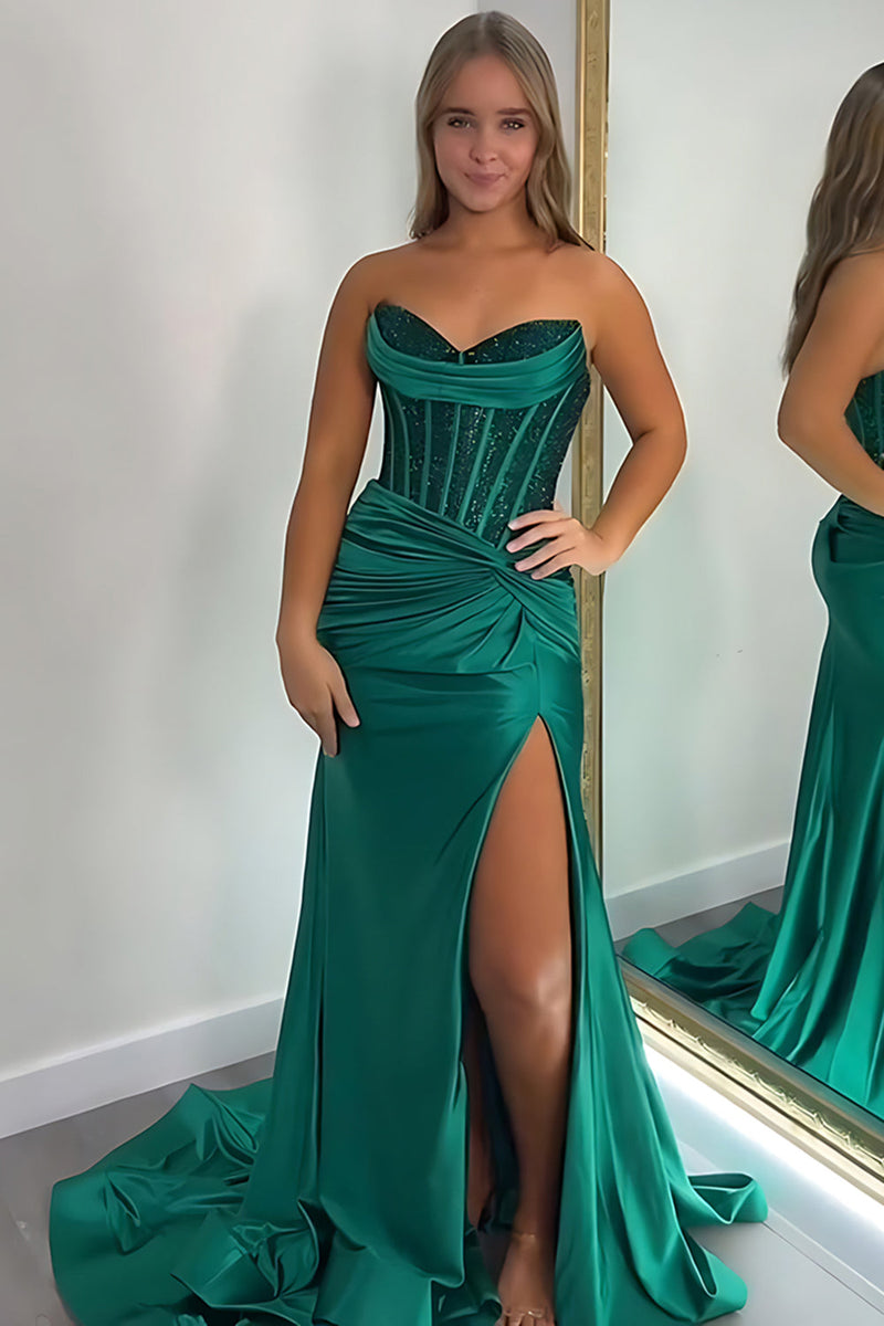 Load image into Gallery viewer, Sparkly Dark Green Mermaid Corset Satin Prom Dress with Slit