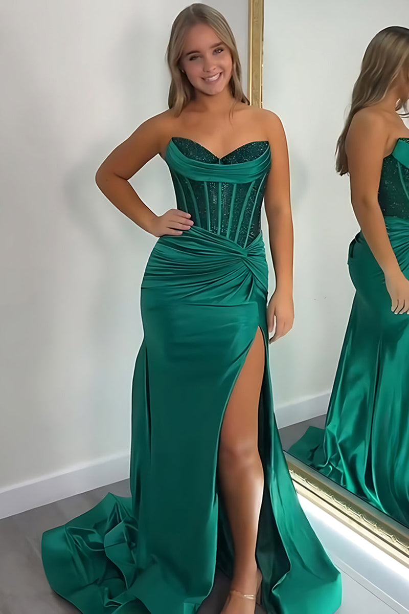 Load image into Gallery viewer, Sparkly Dark Green Mermaid Corset Satin Prom Dress with Slit