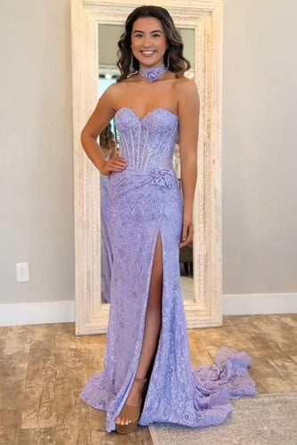 Purple Appliques Mermaid Corset Prom Dress with Slit