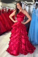 Load image into Gallery viewer, Burgundy A Line Halter Tiered Long Prom Dress with Ruffles