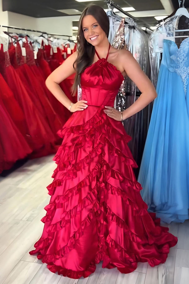 Load image into Gallery viewer, Burgundy A Line Halter Tiered Long Prom Dress with Ruffles