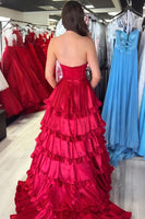 Load image into Gallery viewer, Burgundy A Line Halter Tiered Long Prom Dress with Ruffles