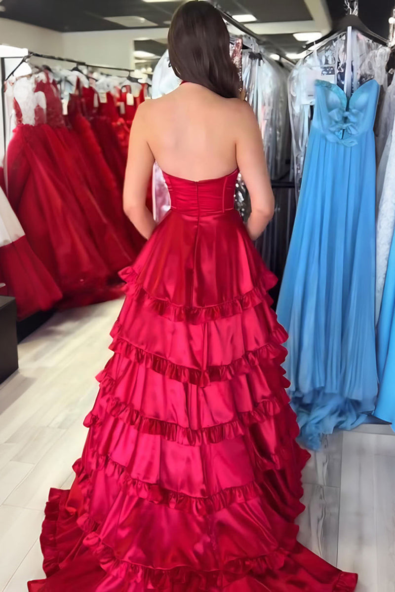 Load image into Gallery viewer, Burgundy A Line Halter Tiered Long Prom Dress with Ruffles