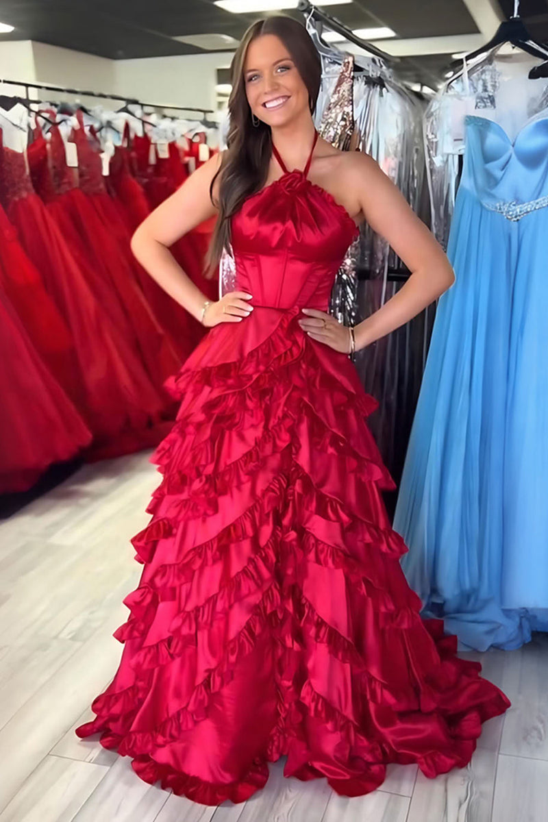 Load image into Gallery viewer, Burgundy A Line Halter Tiered Long Prom Dress with Ruffles