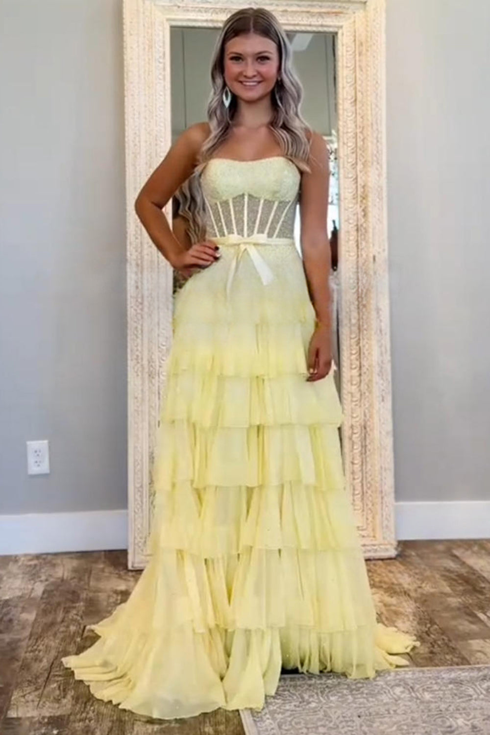 Yellow Ruffled Tiered A Line Corset Long Prom Dress