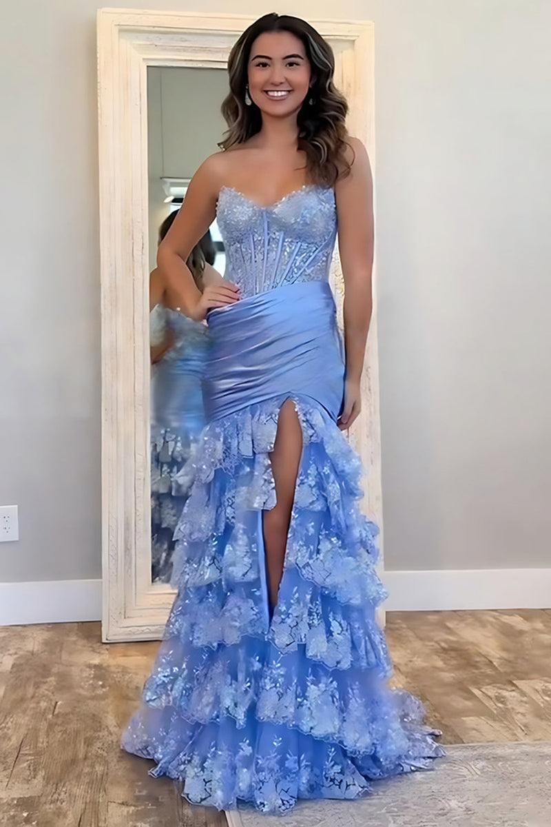 Load image into Gallery viewer, Blue Ruffled Tiered Mermaid Corset Long Prom Dress with Slit