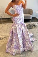 Load image into Gallery viewer, Lilac Strapless Jacquard Mermaid Long Prom Dress with Ruffles