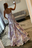 Load image into Gallery viewer, Lilac Strapless Jacquard Mermaid Long Prom Dress with Ruffles