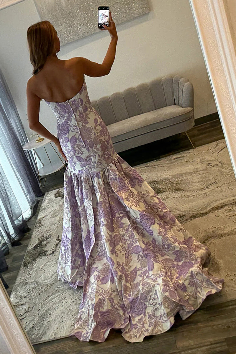 Load image into Gallery viewer, Lilac Strapless Jacquard Mermaid Long Prom Dress with Ruffles