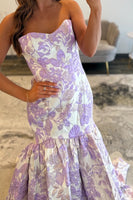 Load image into Gallery viewer, Lilac Strapless Jacquard Mermaid Long Prom Dress with Ruffles