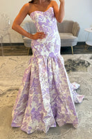 Load image into Gallery viewer, Lilac Strapless Jacquard Mermaid Long Prom Dress with Ruffles