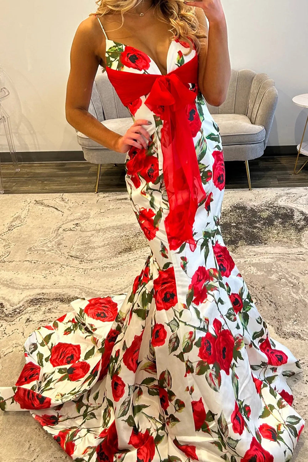 White Red Flower Spaghetti Straps Mermaid Long Prom Dress