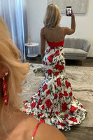 Load image into Gallery viewer, White Red Flower Spaghetti Straps Mermaid Long Prom Dress