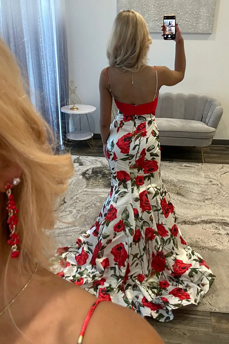 Load image into Gallery viewer, White Red Flower Spaghetti Straps Mermaid Long Prom Dress