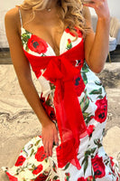 Load image into Gallery viewer, White Red Flower Spaghetti Straps Mermaid Long Prom Dress