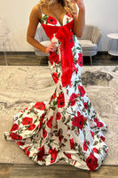 Load image into Gallery viewer, White Red Flower Spaghetti Straps Mermaid Long Prom Dress
