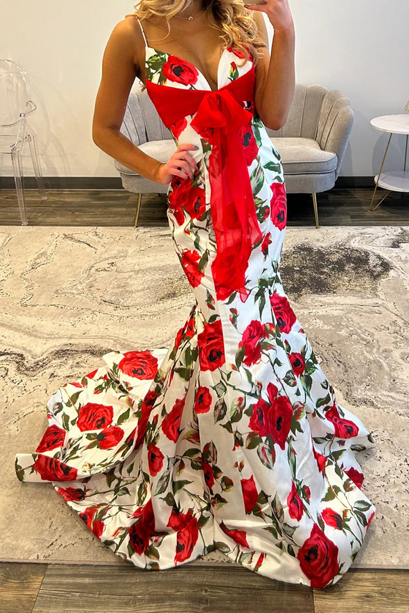 Load image into Gallery viewer, White Red Flower Spaghetti Straps Mermaid Long Prom Dress