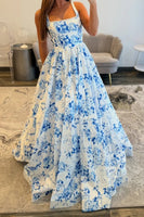 Load image into Gallery viewer, White Blue Flower Spaghetti Straps A Line Long Prom Dress