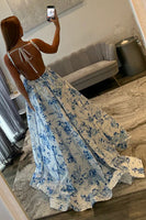Load image into Gallery viewer, White Blue Flower Spaghetti Straps A Line Long Prom Dress