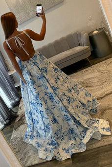 White Blue Flower Spaghetti Straps A Line Long Prom Dress