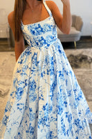 Load image into Gallery viewer, White Blue Flower Spaghetti Straps A Line Long Prom Dress