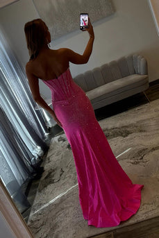 Sparkly Beaded Corset Mermaid Long Fuchsia Prom Dress with Slit